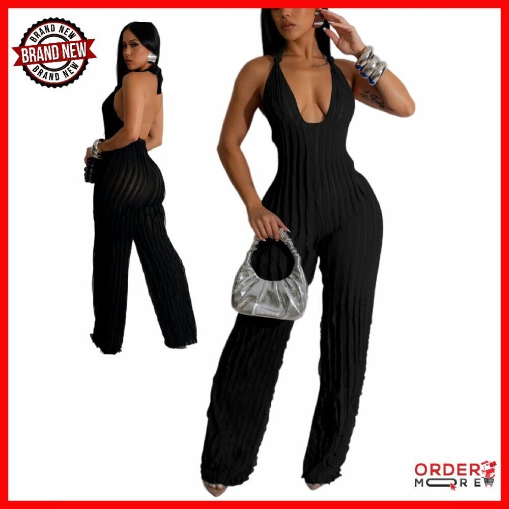 Backless Halter Jumpsuit Wide Leg Long Pants Sexy Club Outfit